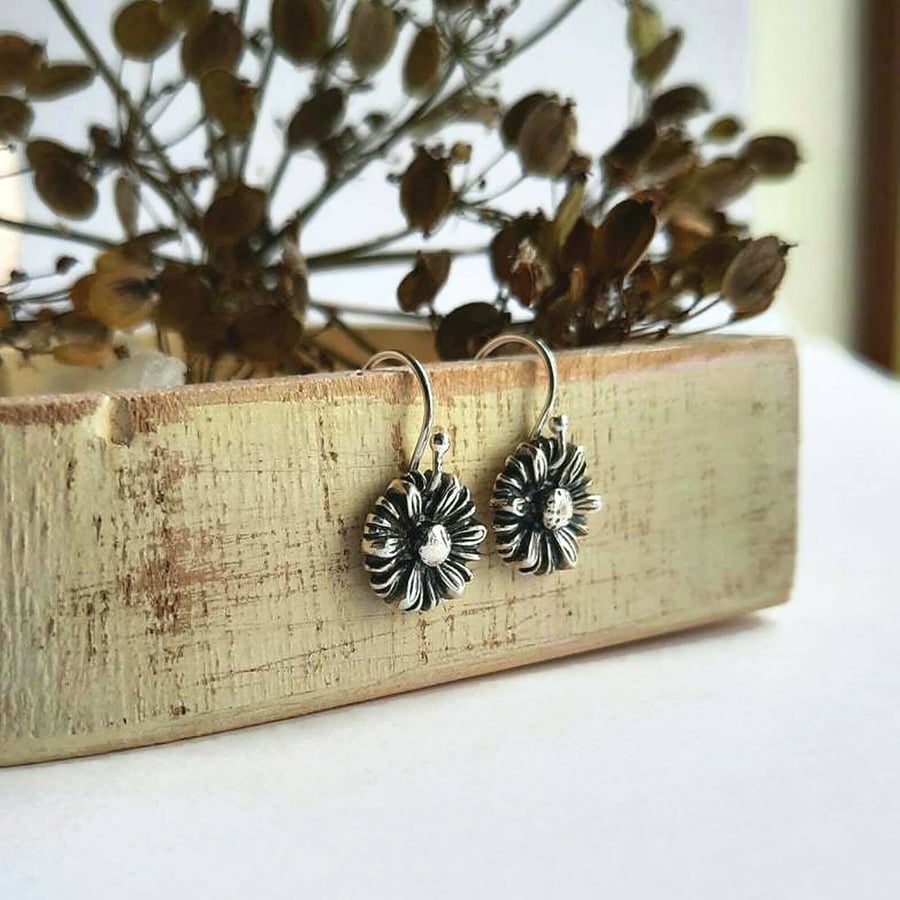 Silver Daisy Drop Earrings  - Oxidised Fine Silver - April Birth Flower