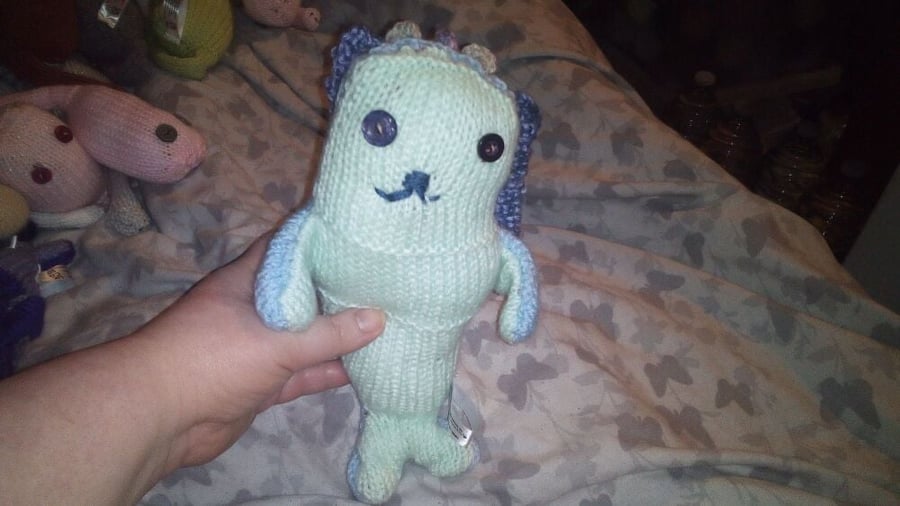 Pale Mint & Blue Midi Mermaid Dark Purple, Grey & Purple Hair Knitted By KM