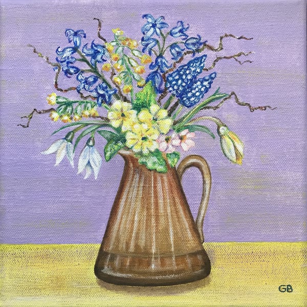 Original Spring Flower Painting, 'Spring Flowers in a Dip-Glazed brown Jug'