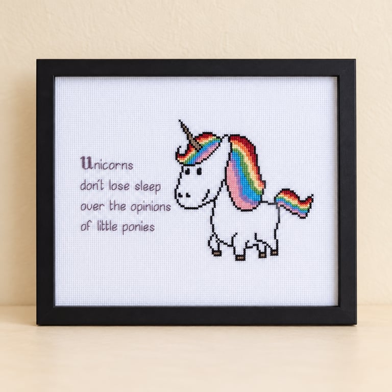 Unicorns Don't Lose Sleep – Handmade Unicorn Cross Stitch – Black Frame 8x10