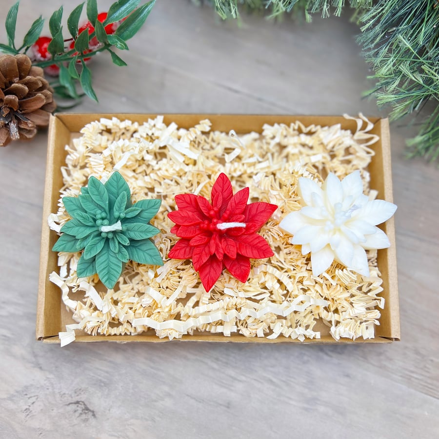 Christmas Poinsettia Tealight Candles - Festive Flower Candle Gift Set