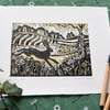 Summer Hare - Original lino cut print by printmaker Christine Dracup