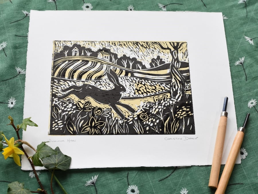 Summer Hare - Original lino cut print by printmaker Christine Dracup