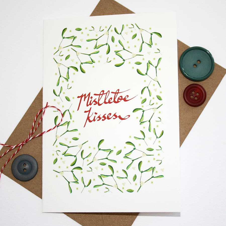Mistletoe Kisses Christmas card- rustic red