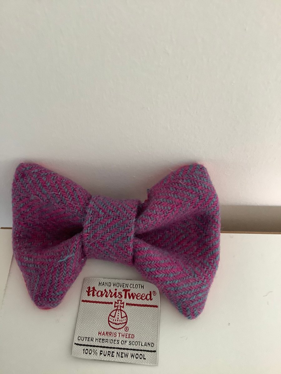 Harris Tweed Dog Bow Tie, Lilac and Pink Herringbone, over the collar bow tie