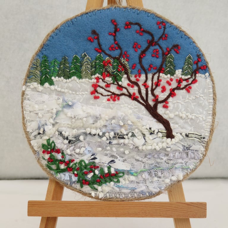 Winter Berry Tree Embroidered Plaque