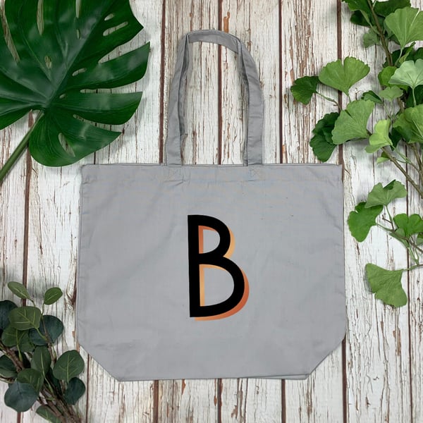 Organic grey cotton Large shopping bag- Letter. Copper and Black Initial