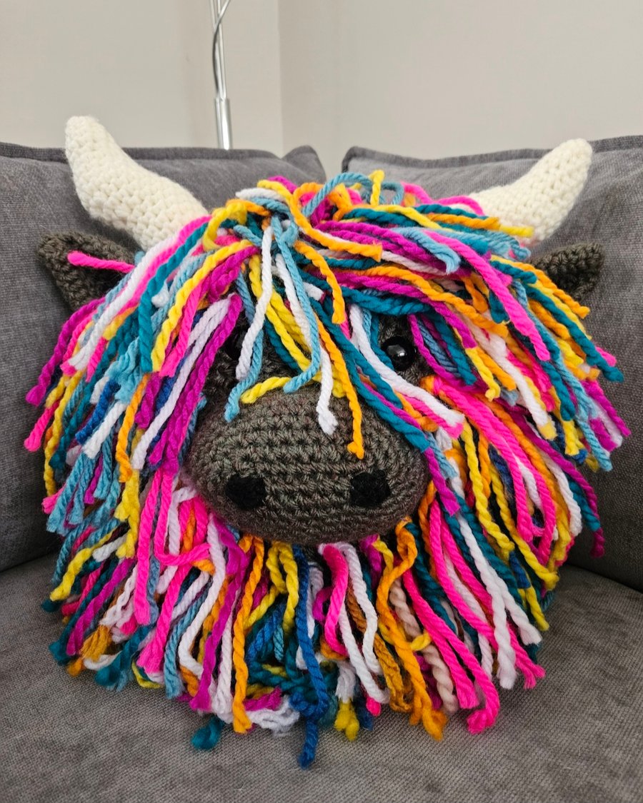 Highland Coo Crochet Cushion RAINBOW DARK