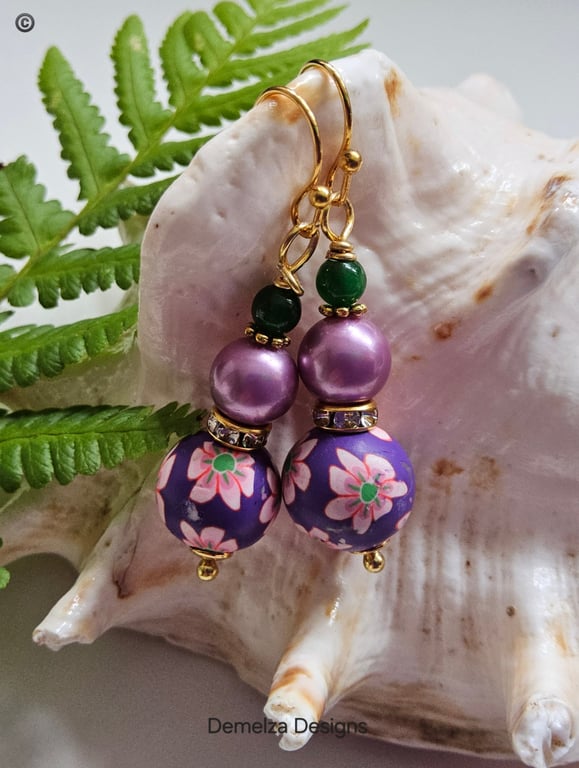 Pretty Polymer Clay, Quartzite & Shell Pearl Gold Plated Earrings