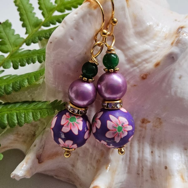 Pretty Polymer Clay, Quartzite & Shell Pearl Gold Plated Earrings