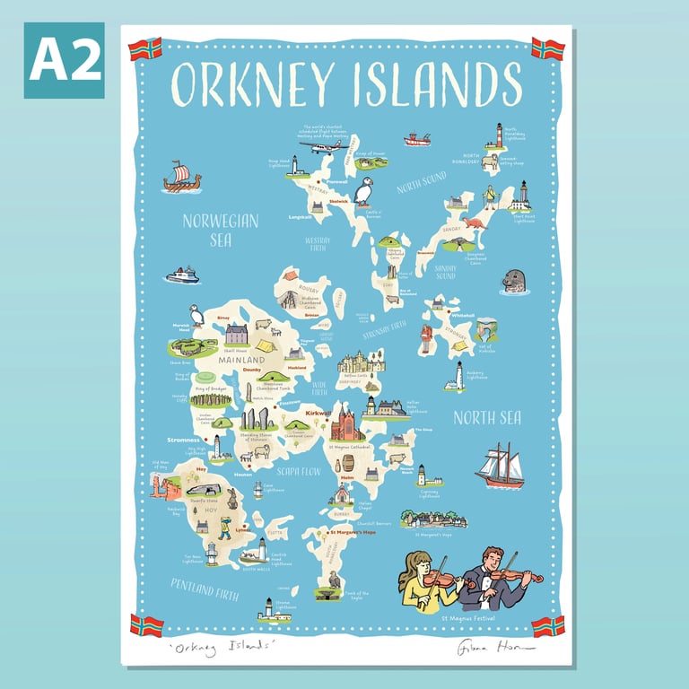 Orkney Islands, Scotland A2 illustrated map poster