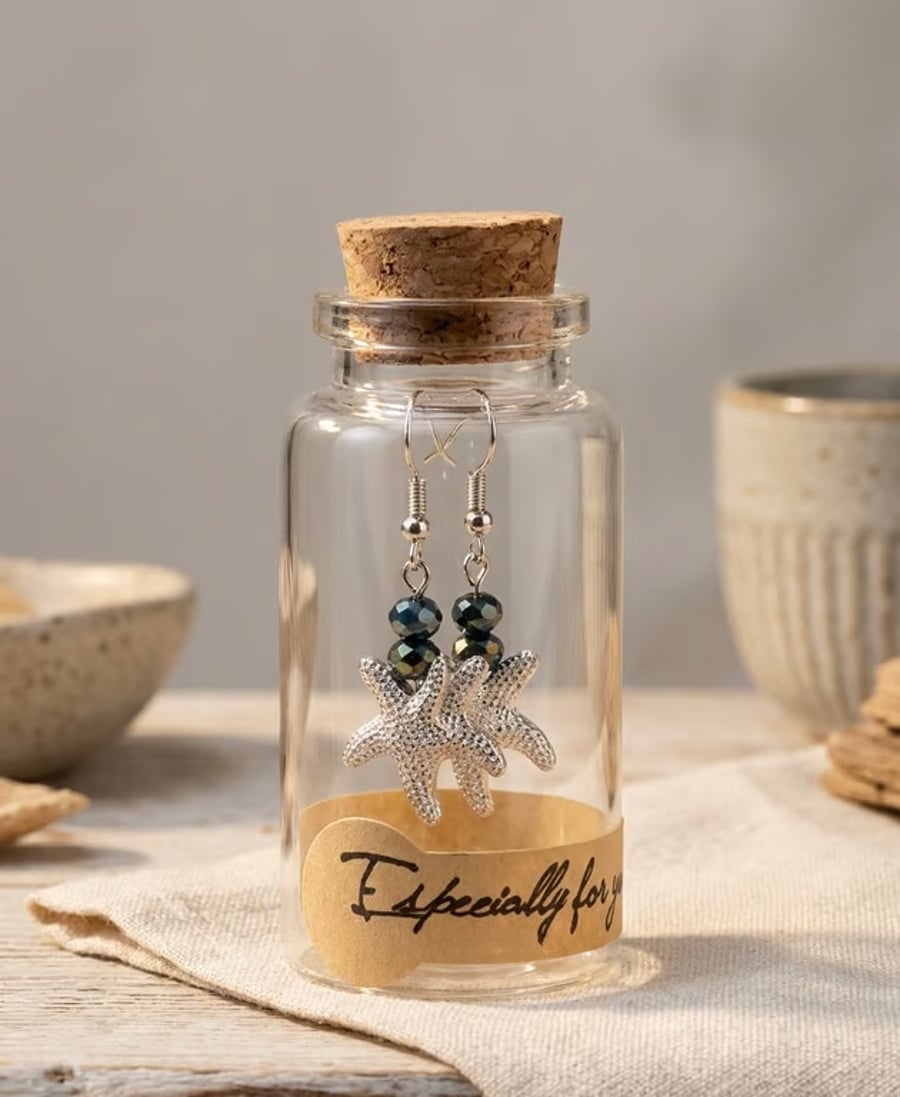 Handmade Coastal Starfish Earrings in a Bottle
