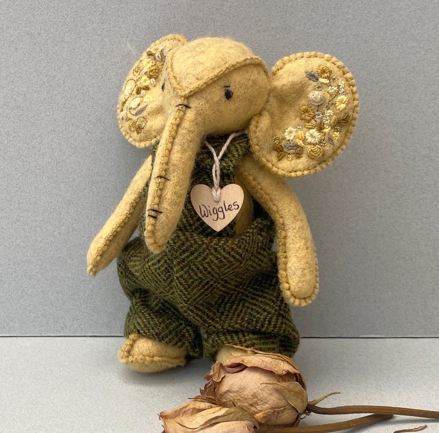 Elephant, hand sewn and dressed embroidered elephant, collectable artist bear