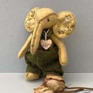 Elephant, hand sewn and dressed embroidered elephant, collectable artist bear