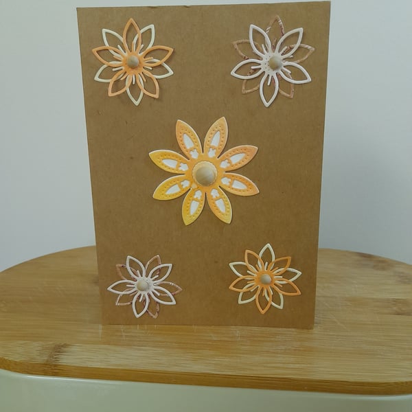 PEACH, BROWN AND CREAM FLORAL GREETINGS CARD.