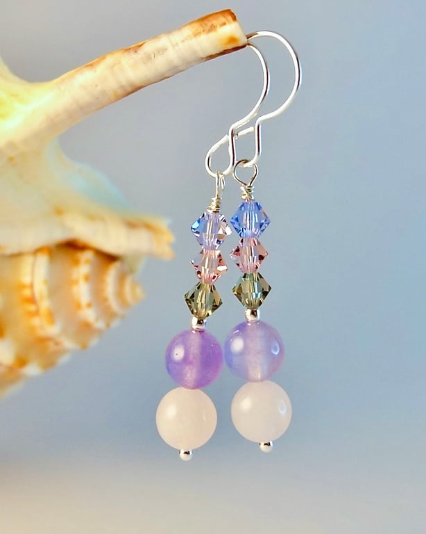 Crystal, Lavender & Rose Quartz Earrings, Birthday, Anniversary, Bridesmaid Gift