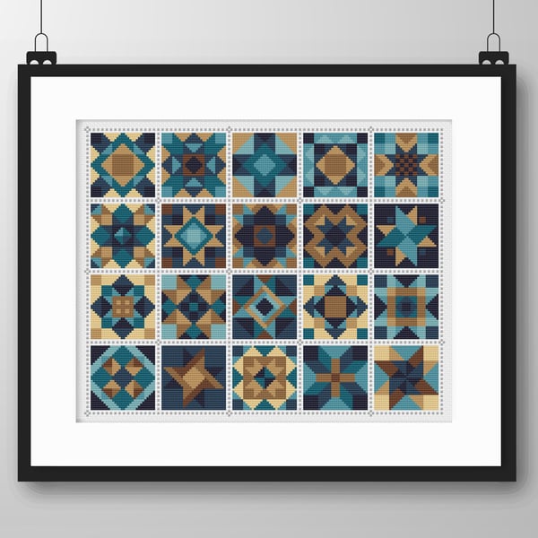 066D - Cross Stitch Chart Patchwork Quilt Block Pattern Squares, Brown Turquoise