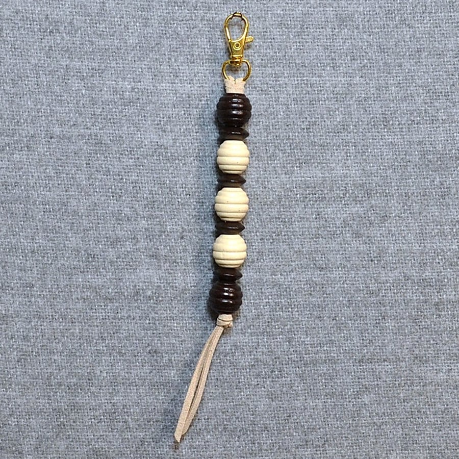 Bag Charm – Dark Brown and Cream Wood Beads on Suede Cord