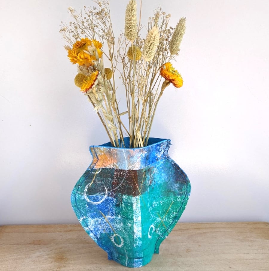 Paper vase cover, turquoise green and blue abstract design