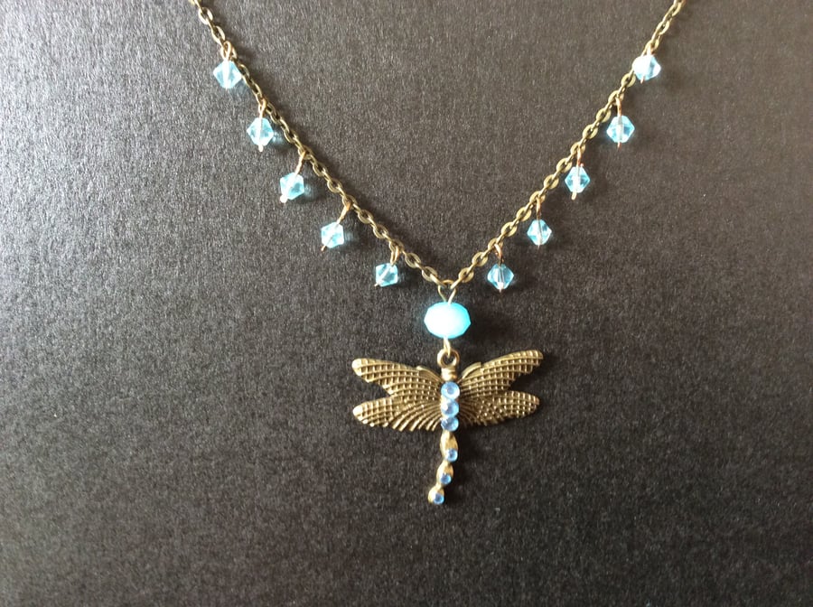 Blue Crystal Dragonfly Pendant Necklace 