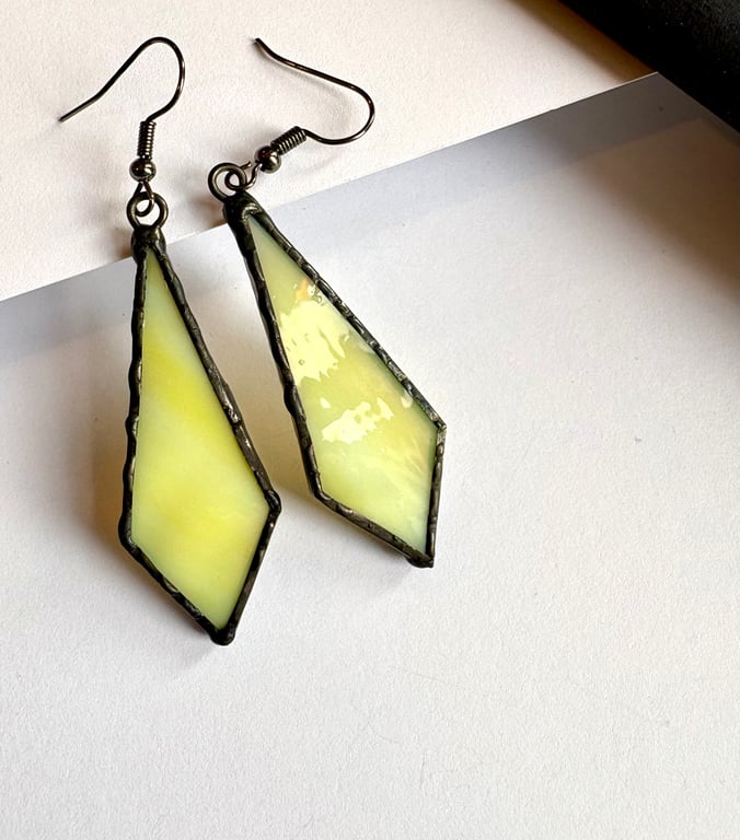 Canary yellow stained glass statement earrings, Zero Waste Jewellery