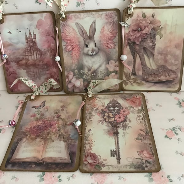 Set 5 Vintage Dreamy Pink Rabbit Design Journal Cards Large Tags Card Topper
