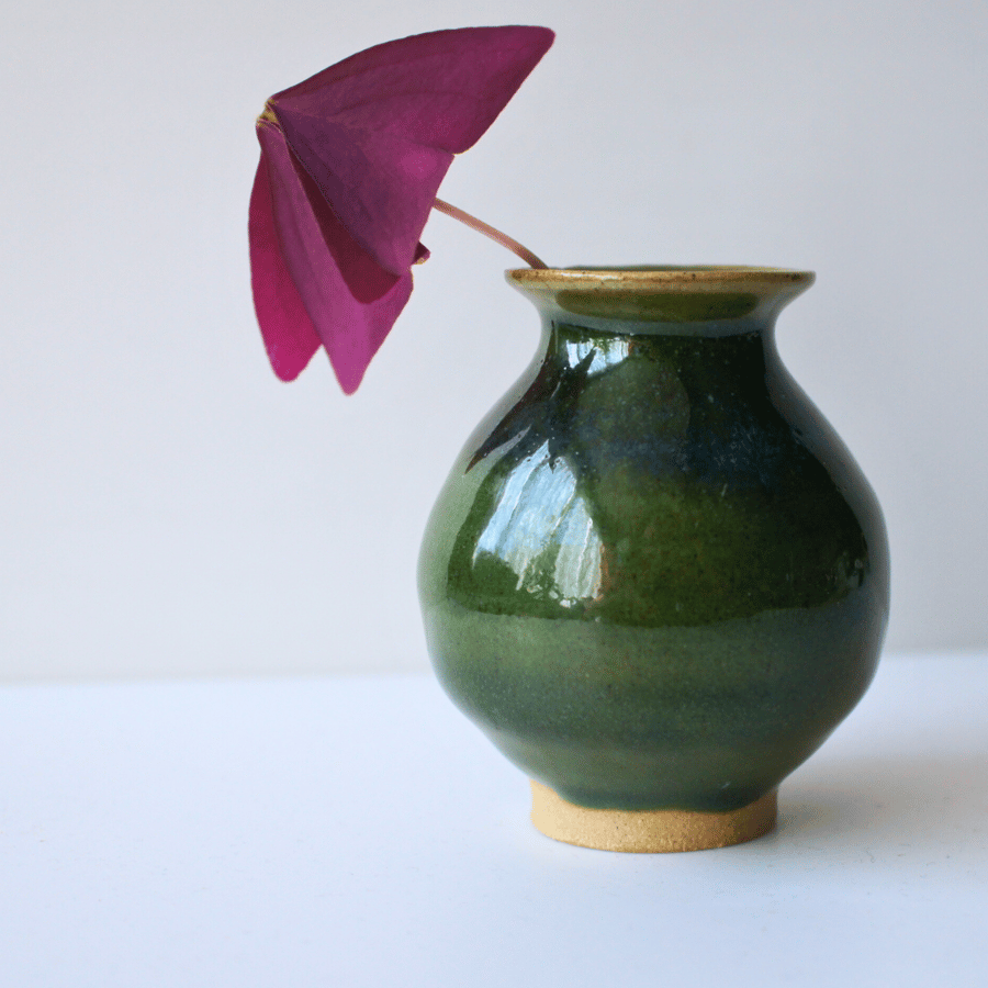 Handmade green blue pottery bud vase 7cm x 6cm