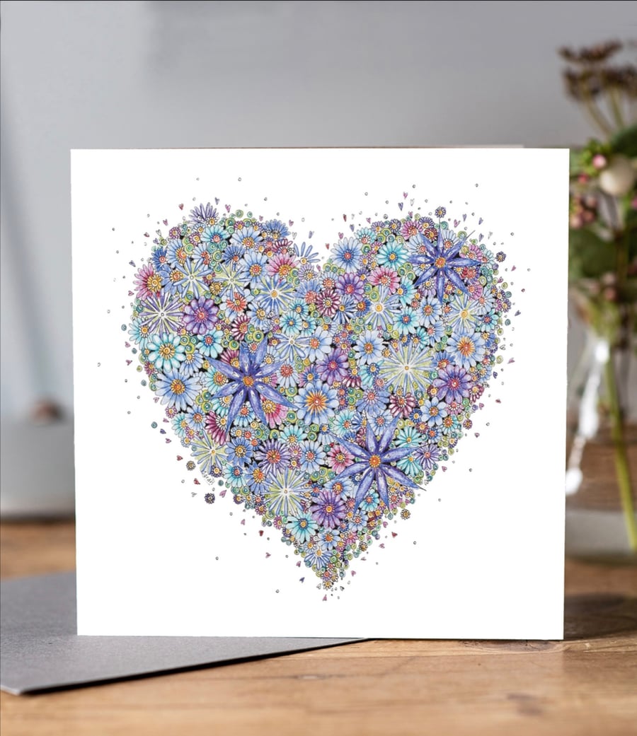 Beautiful Blue Floral Heart greeting card