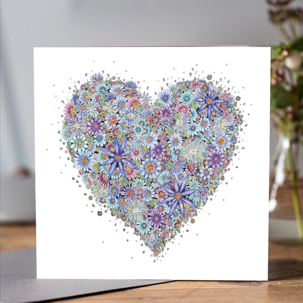 Beautiful Blue Floral Heart greeting card