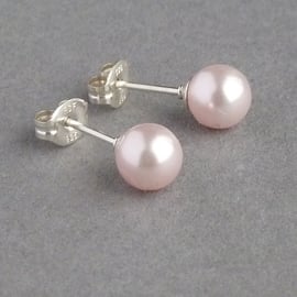 6mm Blush Pink Glass Pearl Studs - Pale Pink Stud Earrings for Bridesmaids Gifts