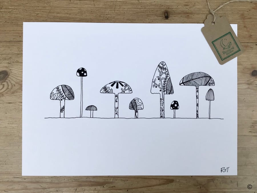 Row of Woodland Mushrooms