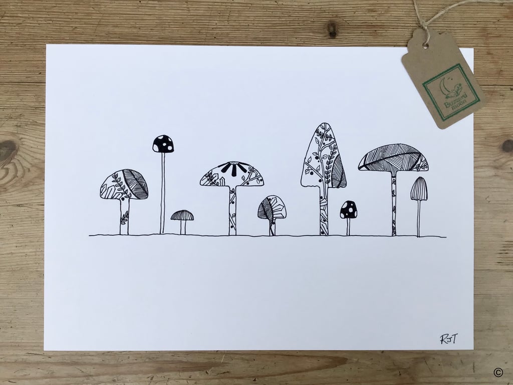 Row of Woodland Mushrooms