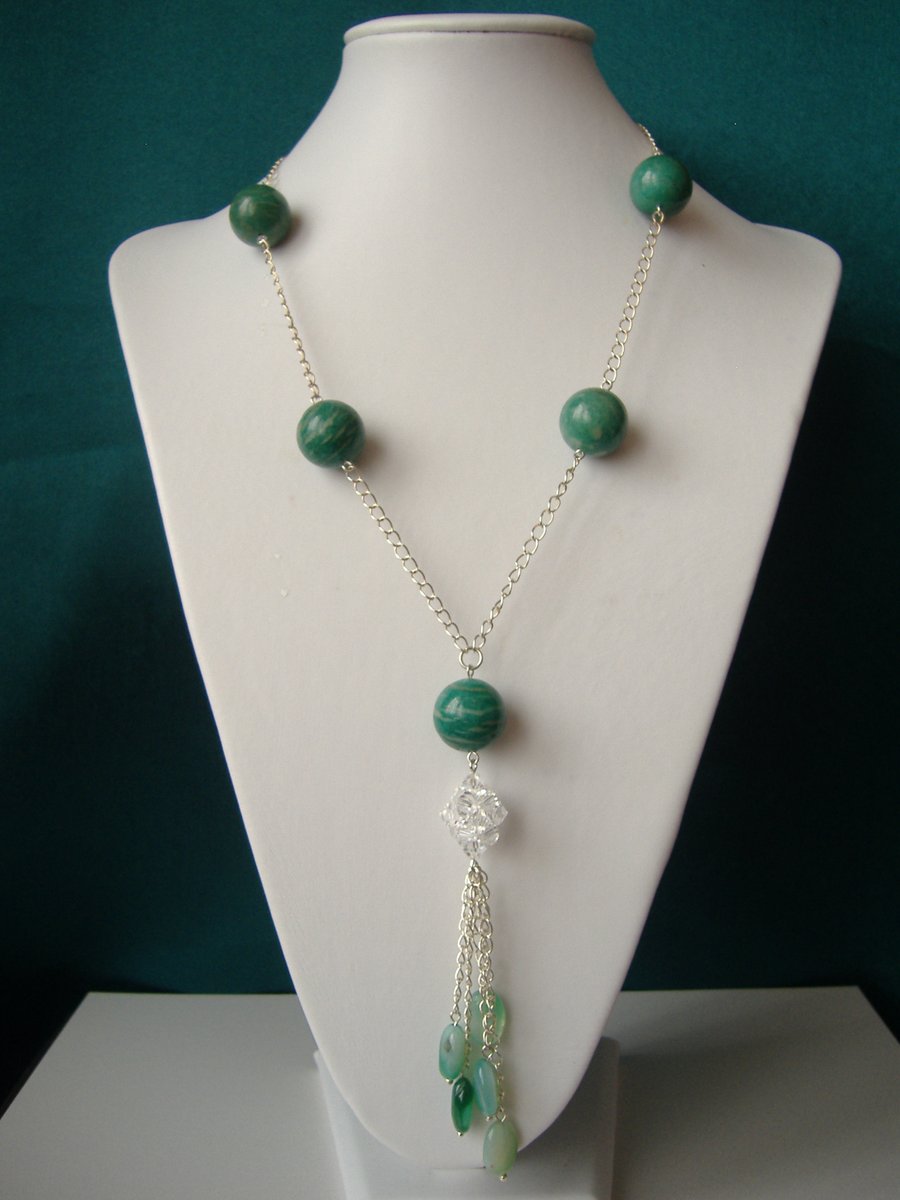 Green Agate & Amazonite Tassel Necklace  - Handmade - Genuine Gemstone