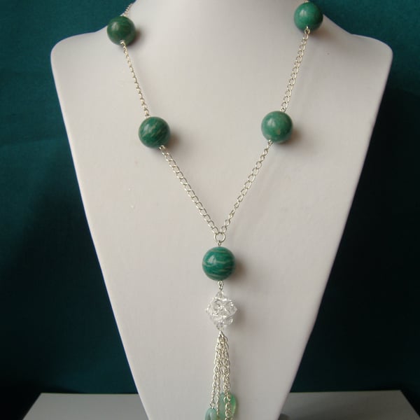 Green Agate & Amazonite Tassel Necklace  - Handmade - Genuine Gemstone