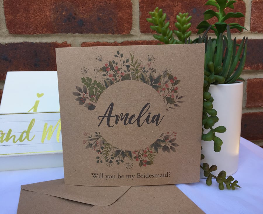 PERSONALISED rustic wedding wild floral wreath Bridesmaid Flower Girl 6x6in card