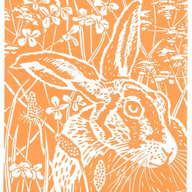 Hare Limited edition Linocut Print, titled Midsummer Hare - Dawn