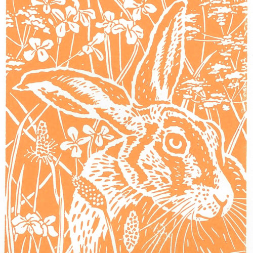 Hare Limited edition Linocut Print, titled Midsummer Hare - Dawn