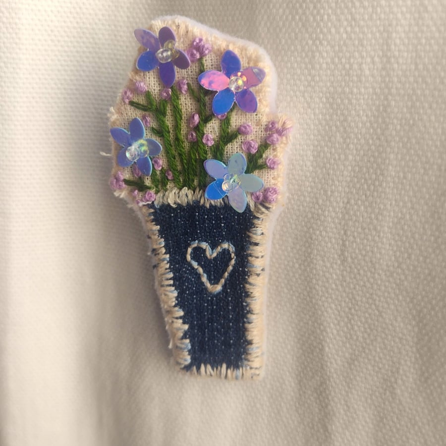 Sequin Flowers in Vase Brooch - Textile Brooch - Fabric Brooch - OOAK