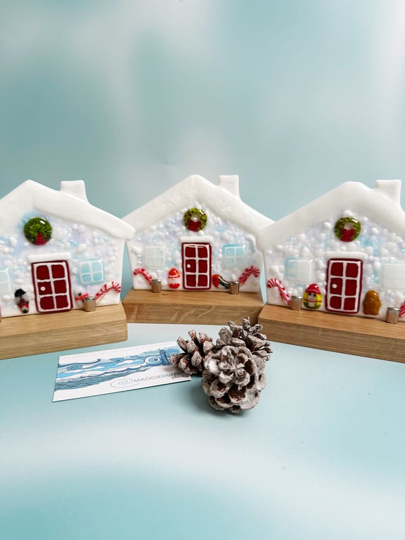 Snowy Decorated Christmas House on Oak Stand- Fused Glass