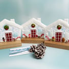 Snowy Decorated Christmas House on Oak Stand- Fused Glass