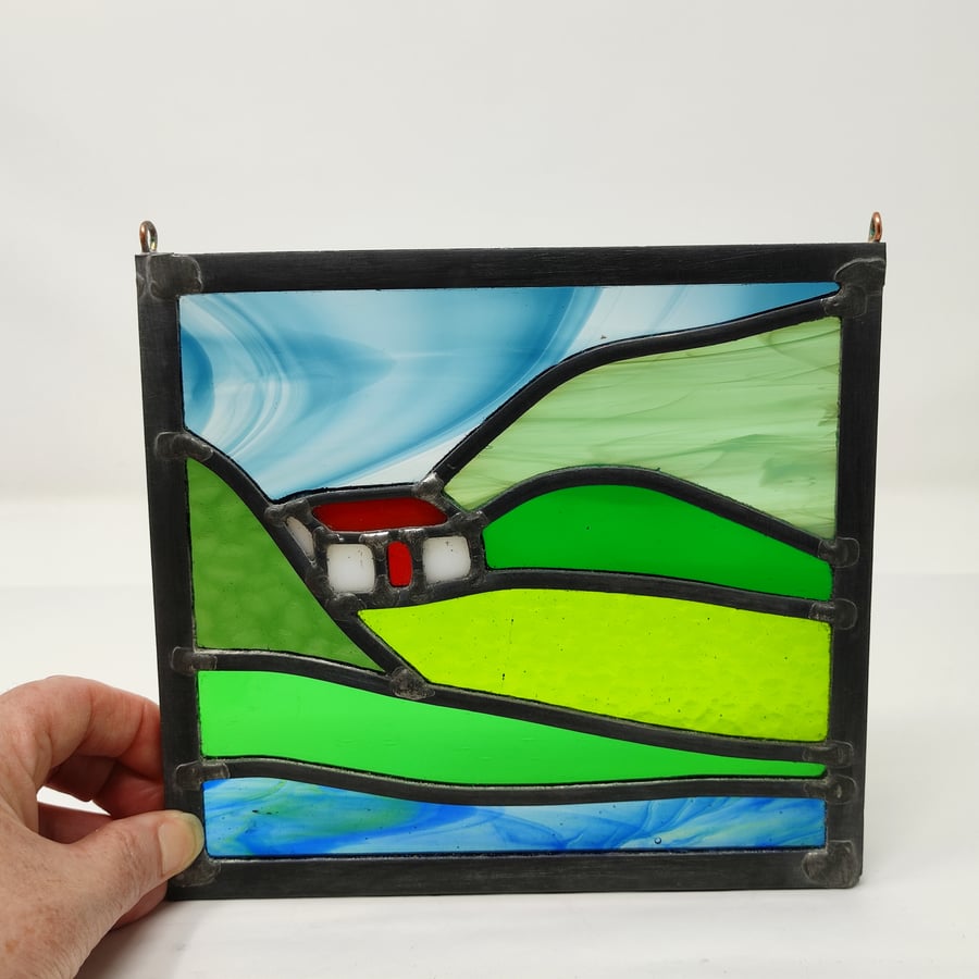 SOLD Stained glass Scottish mountain bothy landscape leaded panel.