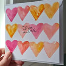Watercolour heart anniversary valentine's card handpainted