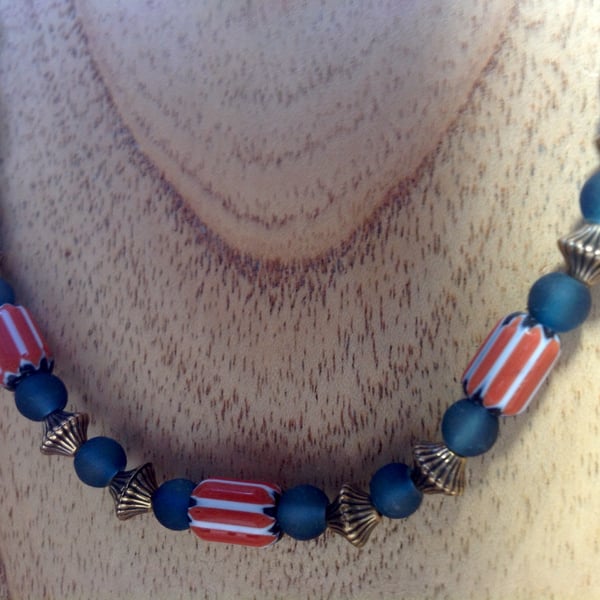 19" necklace with Himalayan chevron, teal glass and bronze tone beads