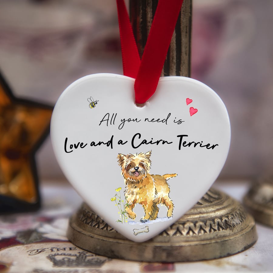 Love and a Cairn Terrier Tan Ceramic Heart
