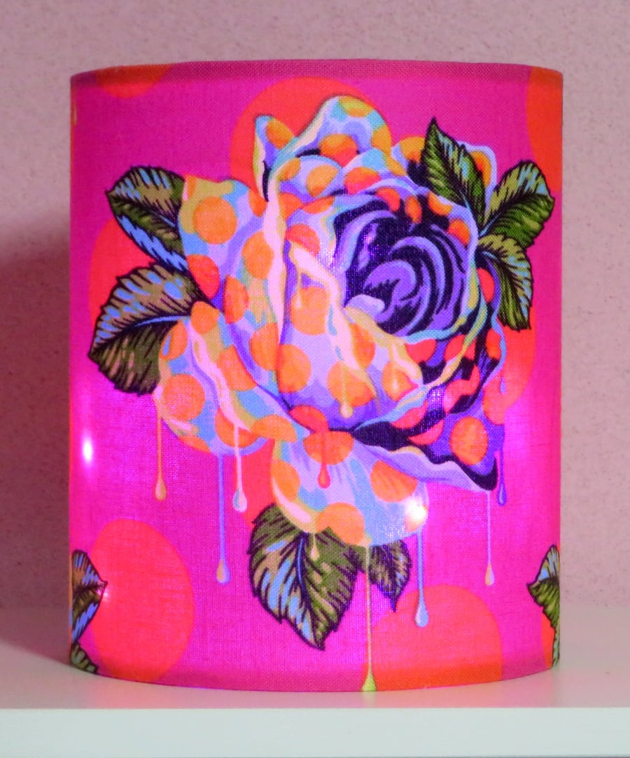 Handmade bright pink rose by Tula Pink cotton fabric lantern with fairy lights.