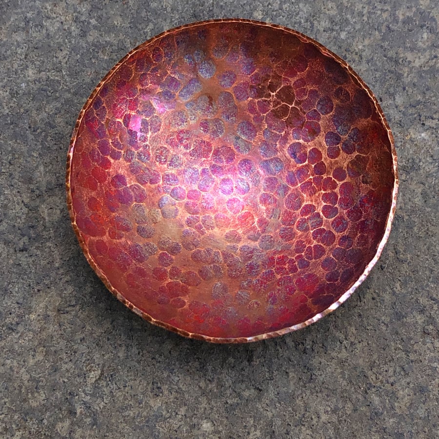 Flame painted copper bowl with hammered texture, 7th wedding anniversary gift