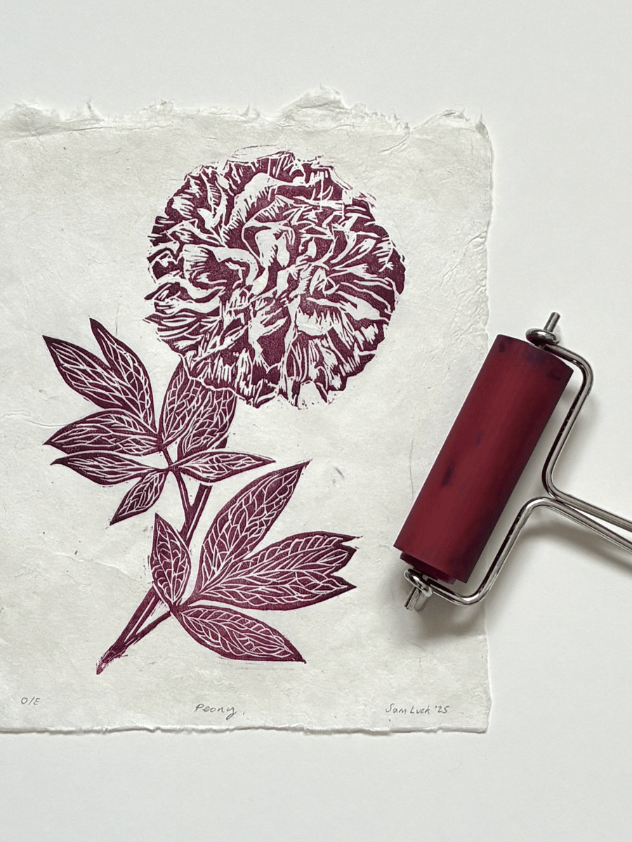 Deep red peony original linocut print