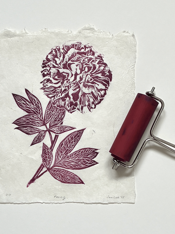 Deep red peony original linocut print