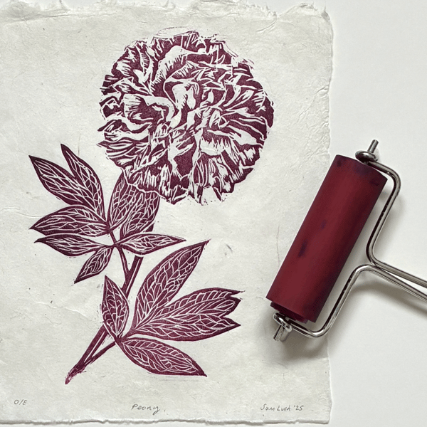 Deep red peony original linocut print