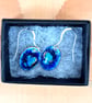 earrings - small oval blue glass lump on blue enamel, silver wires - Image 2